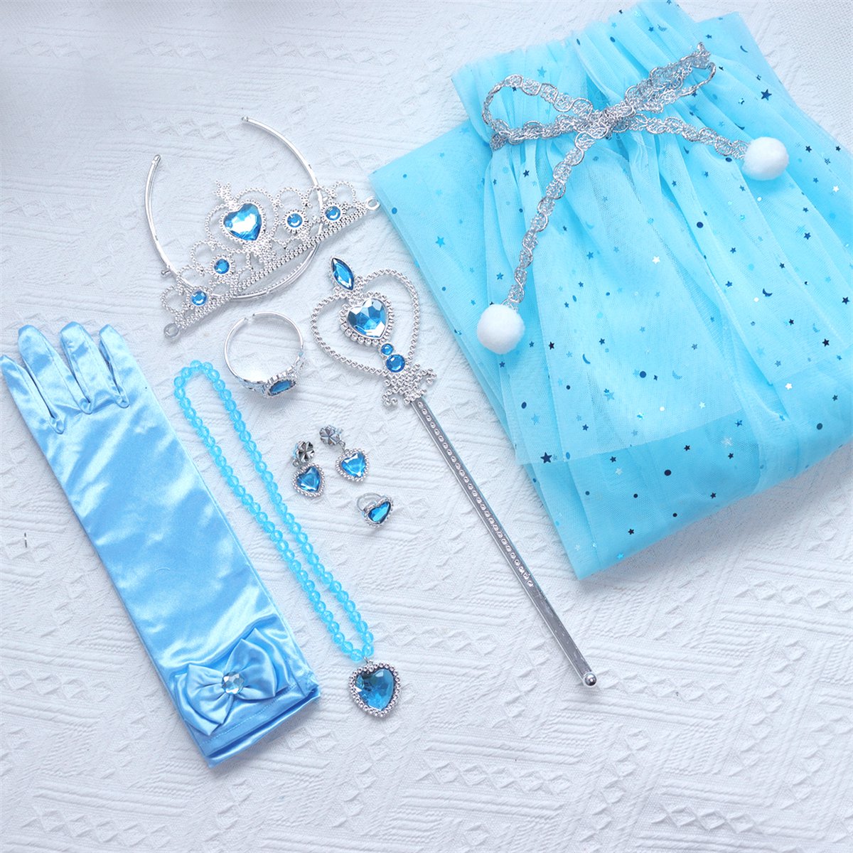 Joya Kids® Verkleedcape met Accessoires Licht Blauw | Prinsessencape | Cape Set | Unicorn | Meisje Verkleedset | Carnvalskleding Meisjes | Met Kroon, Staf, Handschoenen en Sieradenset — afbeelding 12