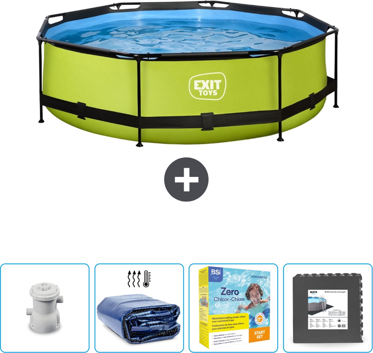 EXIT Rond Lime Frame Zwembad - 300 x 76 cm - Inclusief Pomp Solarzeil - Onderhoudspakket - Vloertegels - Nu extra voordelig