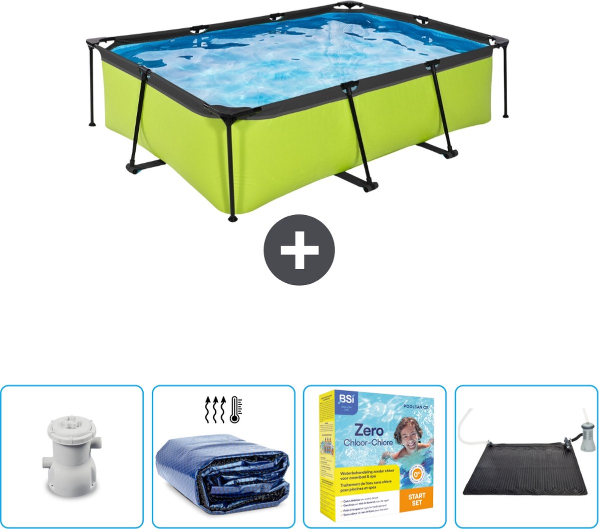 EXIT Rechthoekig Lime Frame Zwembad - 220 x 150 x 65 cm - Inclusief Pomp Solarzeil - Onderhoudspakket - Solar Mat - Nu extra voordelig
