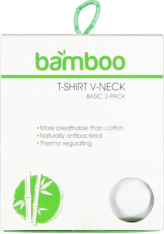 Witte verpakking voor een 2-pack basic V-hals t-shirts van Apollo Bamboo, met bamboe-illustratie.