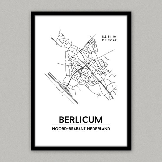 Berlicum city poster, A3 (30x40 cm) met lijst, plattegrond poster, woonplaatsposter, woonposter