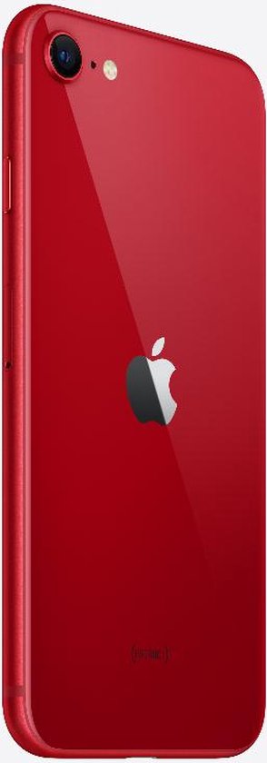 Rode iPhone SE (2022) met Apple logo op de achterkant, vanuit een schuine hoek bekeken.