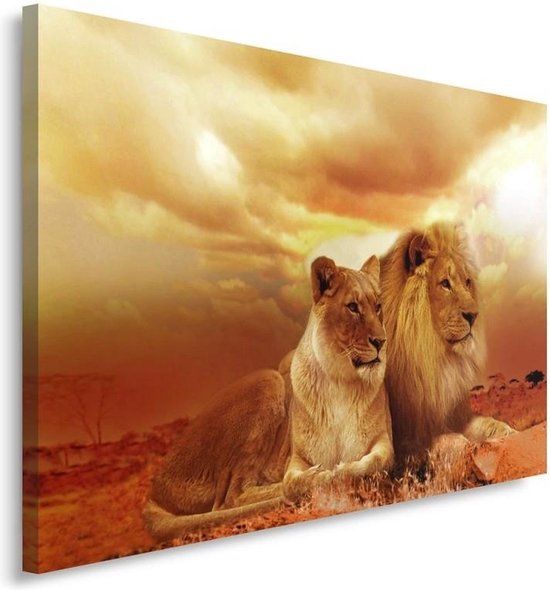 Trend24 - Canvas Schilderij - Paar Leeuwen - Schilderijen - Dieren - 120x80x2 cm - Oranje