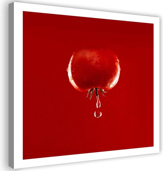 Trend24 - Peinture Sur Toile - Tomate Et Gouttes D' Water - Couleur - Peintures - Nourriture - 30x30x2 cm - Rouge