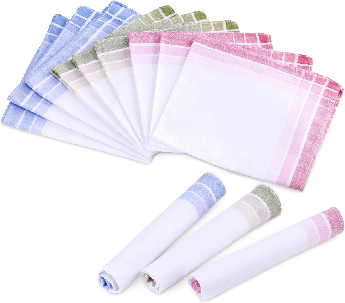 Goedkoopste JEMIDI dames- en herenzakdoeken 100 katoen - 28,5 x 28,5 cm - Combinatie van wit met groen, roze of blauw - Set van 12 - Herbruikbare zakdoeken