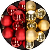 24x stuks kunststof kerstballen mix van rood en goud 6 cm - Kerstversiering