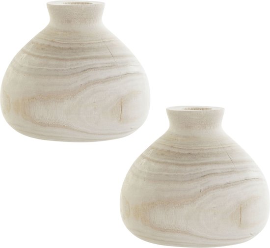 2x stuks houten vazen bruin 18x16 cm rond - Bolvormige decoratie vaas van paulownia hout 10 liter - woondecoratie/woonaccessoires
