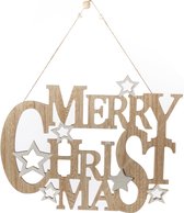 Houten kersthangers/hangdecoratie bordjes Merry Christmas naturel hout 32 cm - Kerstversiering bordjes