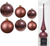 Groot pakket glazen kerstballen oud roze glans/mat 50x stuks - 4-6-8 cm incl piek glans 26 cm