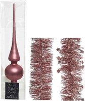 Kerstversiering glazen piek mat 26 cm en folieslingers pakket oud roze van 3x stuks - Kerstboomversiering