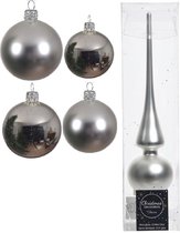 Compleet glazen kerstballen pakket zilver glans/mat 38x stuks - 18x 4 cm en 20x 6 cm - Inclusief piek mat