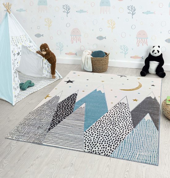 Flycarpets Kids Tapis - Tapis de Jeu pour Chambre d'enfant - Motif Berg - Blauw - 160x230 cm