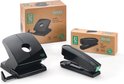 Zwarte nietmachine en perforator met verpakkingen.