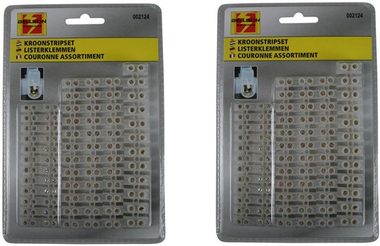 Twee verpakkingen Bellson kroonstripset, met "KROONSTRIPSET LISTERKLEMMEN" en "COURONNE ASSORTIMENT" op de verpakking.