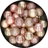 28x stuks kunststof kerstballen parel/champagne en lichtroze mix 3 cm - Kerstboomversiering