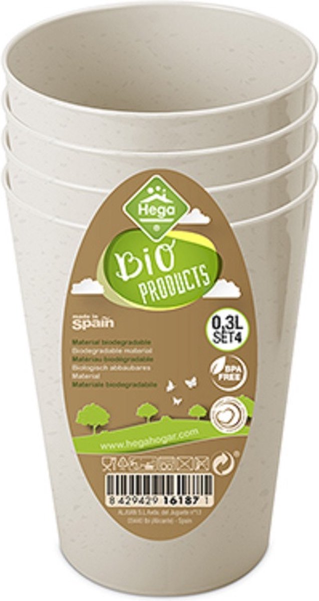 4x drinkbekers van afbreekbaar bio-plastic 290 ml in het eco-beige - Limonade bekers - Campingservies/picknickservies