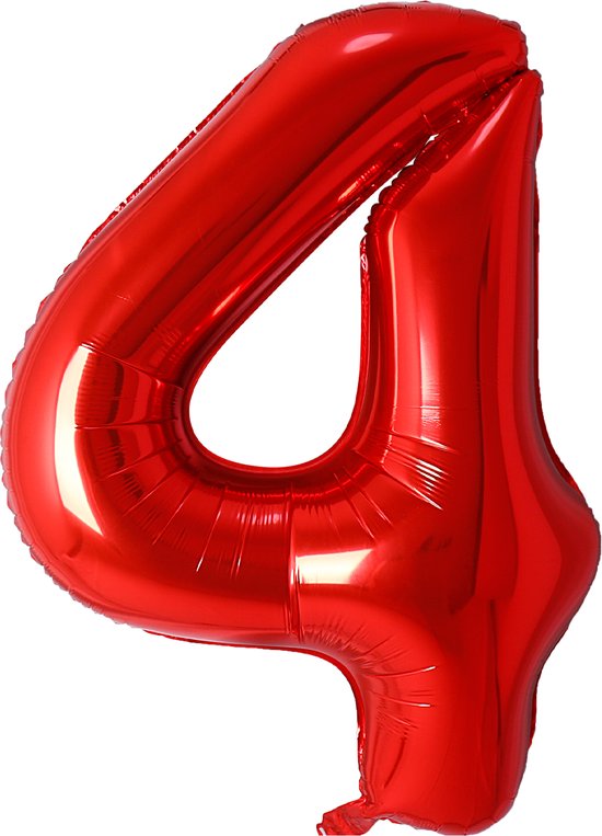Ballon Cijfer 4 Jaar Rood Folie Ballon Verjaardag Versiering Cijfer ballonnen Feest versiering Met Rietje - 36Cm