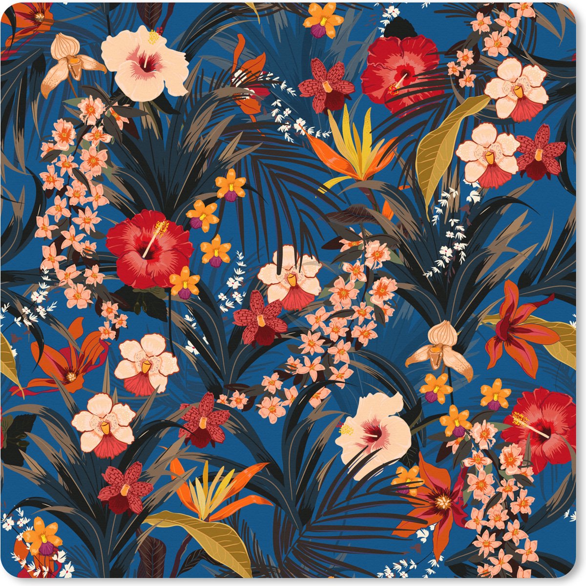 Muismat XXL 60x60 cm - Bureau onderlegger - Bureau mat Bloemen - Hibiscus - Tropisch - Patroon - Bureaumat - Gaming mousepad xl - Bureaulegger groot - Computer deskmat