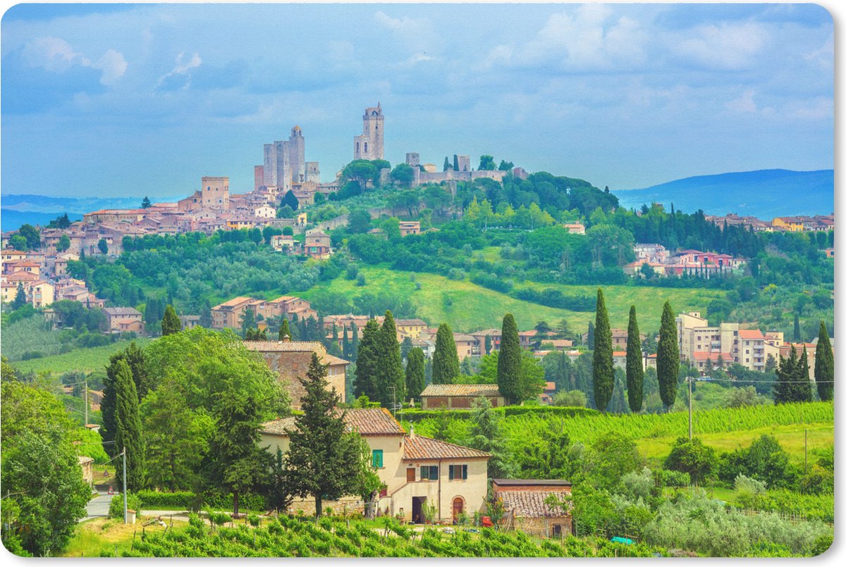 Muismat XXL 90x60 cm - Bureau onderlegger - Bureau mat De heuvels van het Italiaanse San Gimignano in Toscane - Bureaumat - Gaming mousepad xl - Bureaulegger groot - Computer deskmat