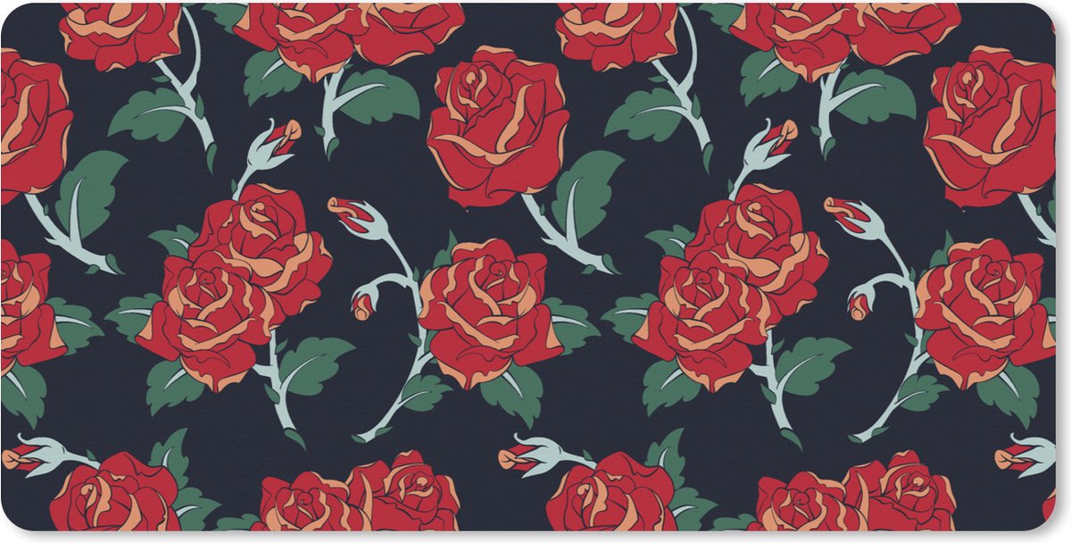 Muismat XXL 120x60 cm - Bureau onderlegger - Bureau mat Rozen - Bloem - Patroon - Rood - Bureaumat - Gaming mousepad xl - Bureaulegger groot - Computer deskmat