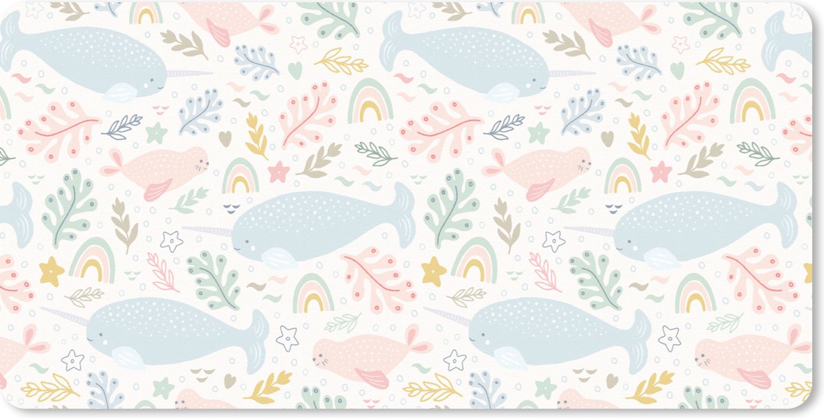 Muismat XXL - Bureau onderlegger - Bureau mat - Narwal - Zeehond - Regenboog - Dieren - 80x40 cm - XXL muismat