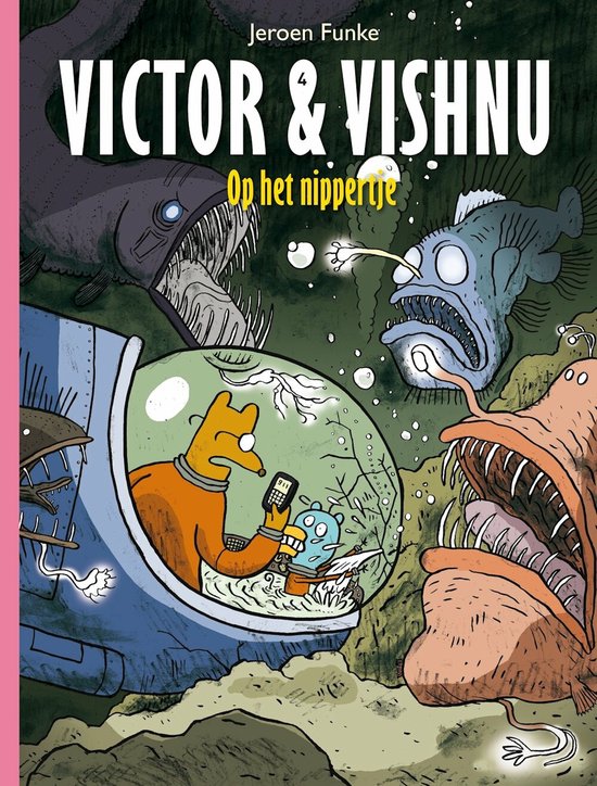 Een stripboekcover van 'Victor & Vishnu 4 - Op het nippertje' met Victor, een vos in een oranje pak, in een duikboot, omringd door grote, boze vissen.