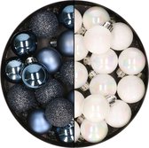 28x stuks kleine kunststof kerstballen donkerblauw en parelmoer wit 3 cm - Kerstboomversiering