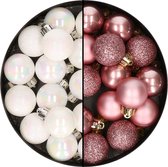 28x stuks kleine kunststof kerstballen dusty roze en parelmoer wit 3 cm - Kerstboomversiering