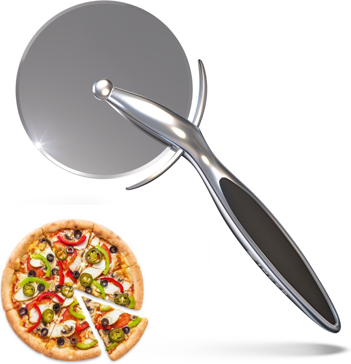 Pizzasnijder – Pizzames – Pizzaroller – Robuust & Scherp Wiel- Vaatwasserbestendig – Antislip - Roestvrij Staal – Zwart – 18,5cm - Merkloos