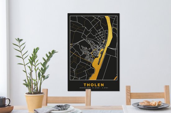 Tableau sur toile Tholen - Black and Gold et Or - Plan de la ville - Carte - Plan - 40x60 cm - Décoration murale
