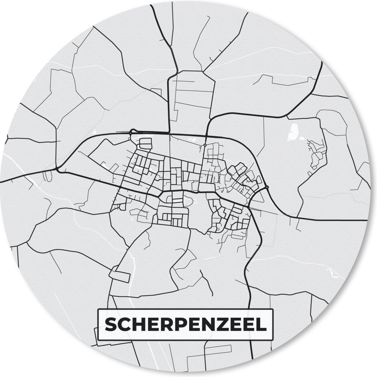 Muismat rond 50x50 cm - Mousepad Scherpenzeel - Zwart Wit - Plattegrond - Kaart - Nederland - Stadskaart - Ronde muismatten - Stadskaart