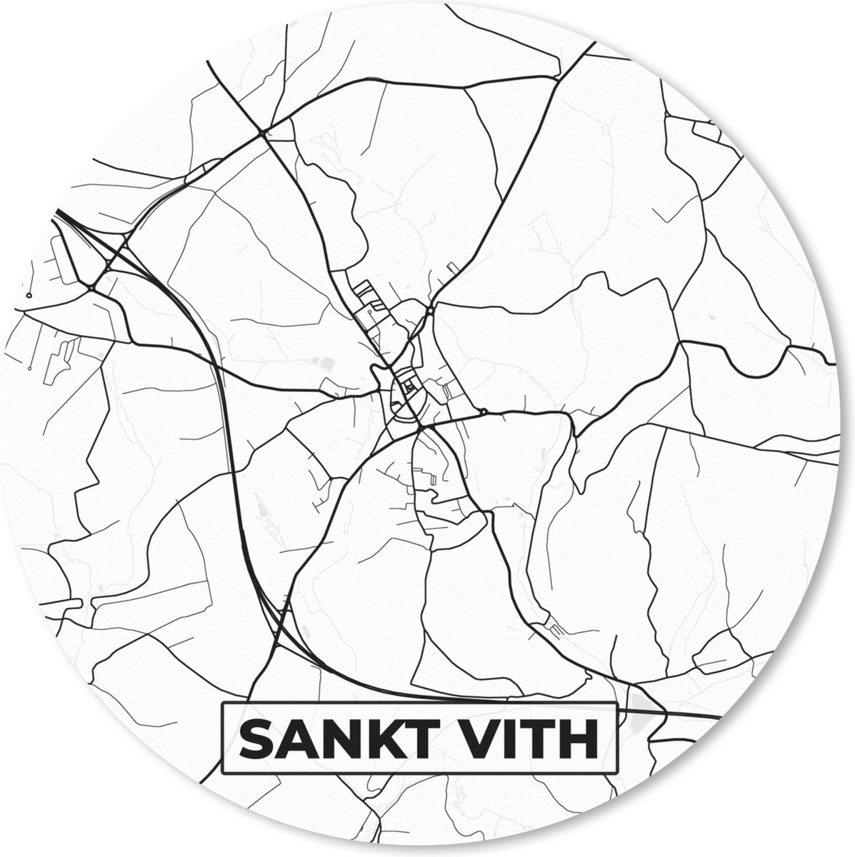 Muismat rond 50x50 cm - Mousepad Plattegrond – Sankt Vith – Zwart Wit – Stadskaart - Kaart - België - Ronde muismatten - Stadskaart