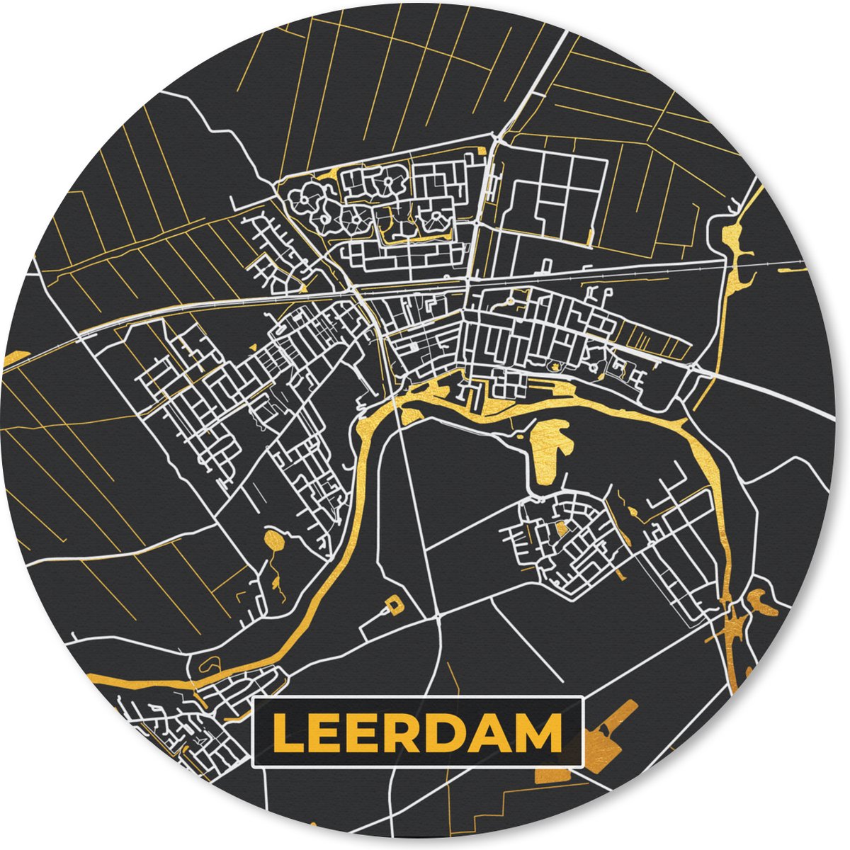 Muismat rond 20x20 cm - Mousepad Leerdam - Black and Gold - Stadskaart - Plattegrond - Kaart - Ronde muismatten - Stadskaart