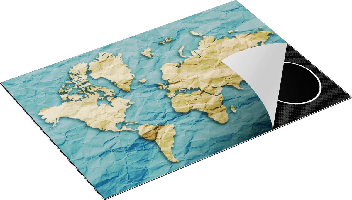 Chefcare Inductie Beschermer Wereldkaart op Gekreukeld Papier - 77x51 cm - Afdekplaat Inductie - Kookplaat Beschermer - Inductie Mat