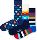 Drie paar Happy Socks met patronen: stippen, ruiten en strepen.
