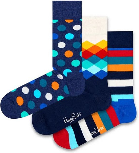 Drie paar Happy Socks met patronen: stippen, ruiten en strepen.