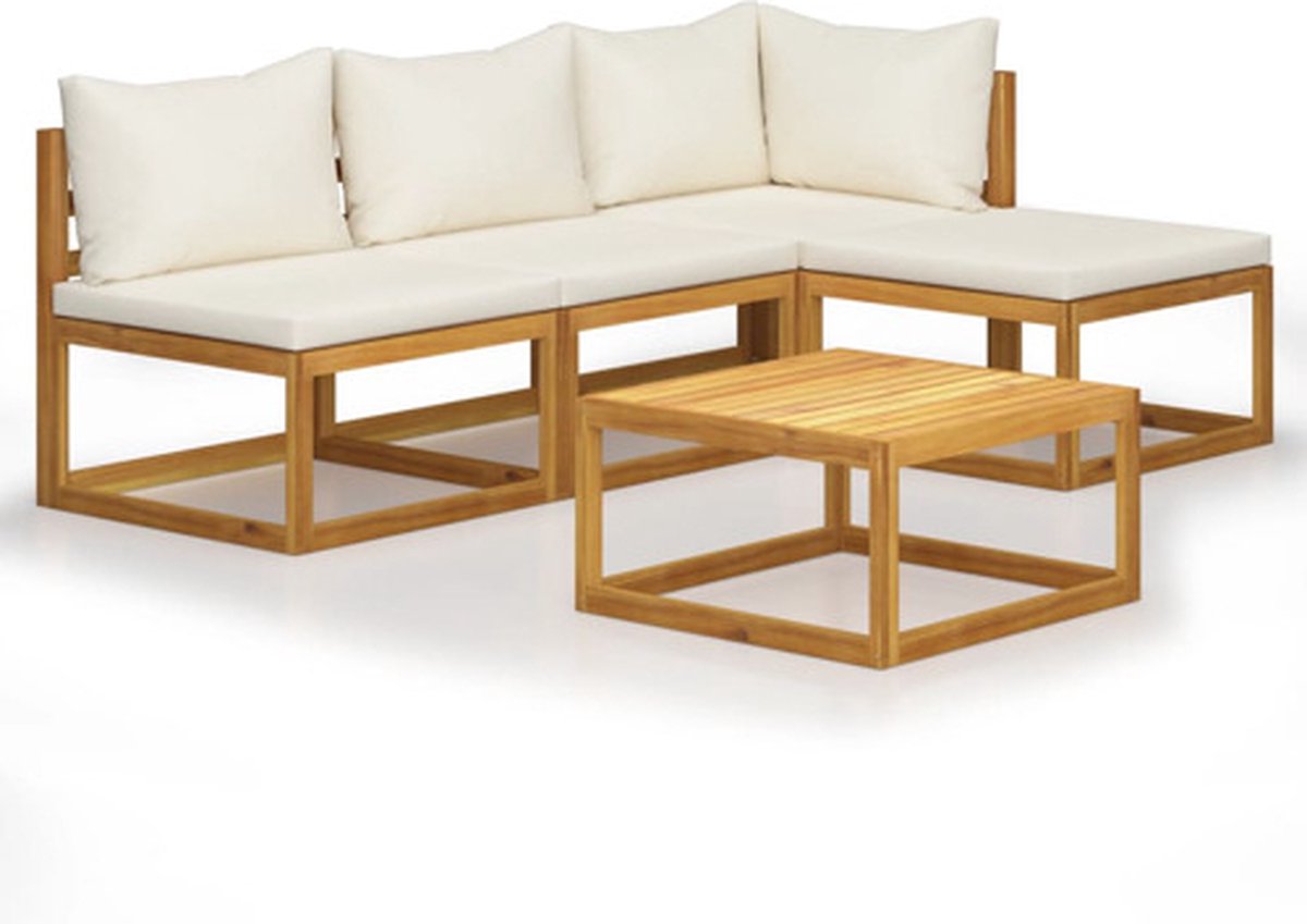 Bol.com vidaXL - 5-delige - Loungeset - met - kussens - massief - acaciahout - crème aanbieding