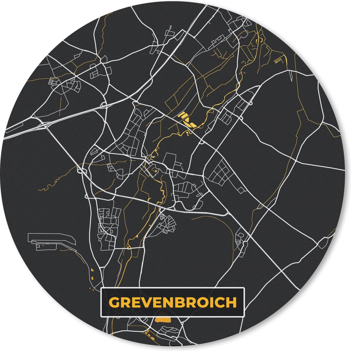 Muismat rond 20x20 cm - Mousepad Black and Gold – Stadskaart – Grevenbroich – Duitsland – Plattegrond – Kaart - Ronde muismatten - Stadskaart