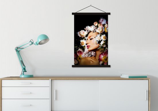 Porte-affiche avec affiche - Affiche scolaire - Femmes - Fleurs - Roses - Portrait - 60x90 cm - Lattes noires