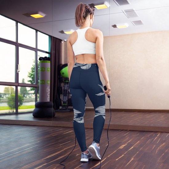 Sportlegging - design Lines 4 Peace - High Waist - Dry Fit - High Performance - 4way stretch - unieke print - UPF 50+ - Hardloop - Yoga - Fitness - Dans - Pilates - Training - sportbroek - marine blauw wit- dames- maat M van Merkloos — afbeelding 5
