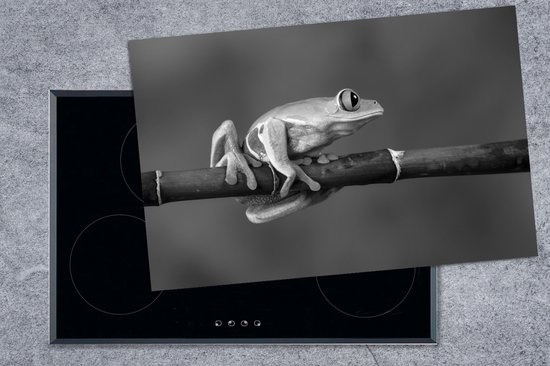 KitchenYeah® Inductie beschermer 80.2x52.2 cm - Roodoogmakikikker op bamboe - zwart wit - Kookplaataccessoires - Afdekplaat voor kookplaat - Inductiebeschermer - Inductiemat - Inductieplaat mat