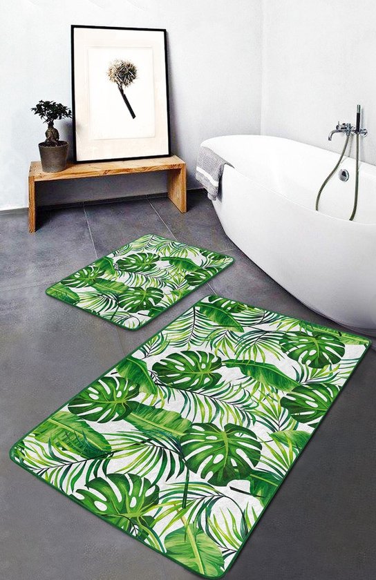 Badmat antislip 2 stuk set - 60x100 & 50x60 - Wc mat - Toiletmat - Palmbladeren op wit - Deurmat - De Groen Home