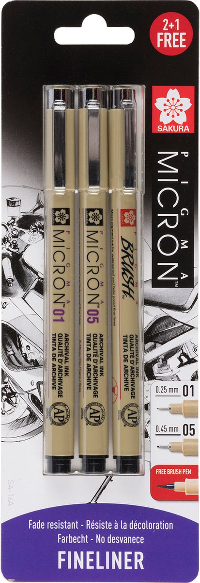 Sakura Pigma micron set – Zwart 01, 05 & gratis brush pen