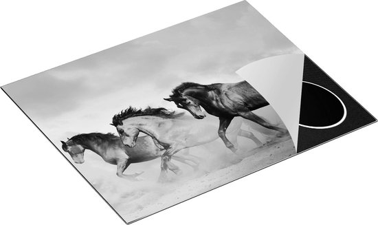 Chefcare Inductie Beschermer Drie Bruine Paarden - Zwart Wit - 65x52 cm - Afdekplaat Inductie - Kookplaat Beschermer - Inductie Mat