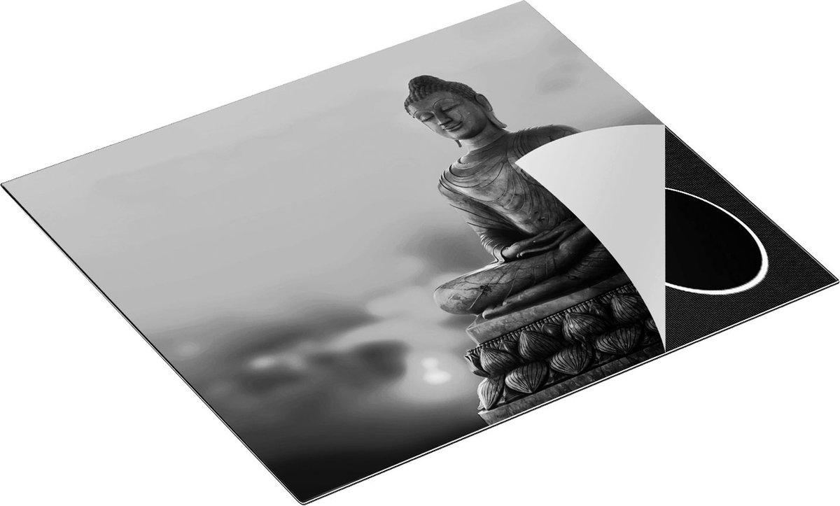 Chefcare Inductie Beschermer Boeddha Standbeeld bij Zonsondergang - Zwart Wit - 60x55 cm - Afdekplaat Inductie - Kookplaat Beschermer - Inductie Mat