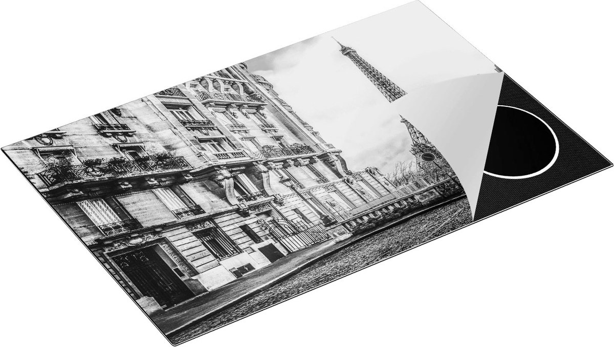 Chefcare Inductie Beschermer Eiffeltoren in Parijs met een Rode Kever Auto - Zwart Wit - 81,6x52,7 cm - Afdekplaat Inductie - Kookplaat Beschermer - Inductie Mat