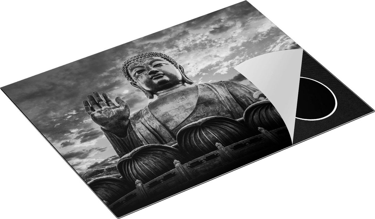 Chefcare Inductie Beschermer Boeddha Beeld bij een Tempel - Zwart Wit - 70x52 cm - Afdekplaat Inductie - Kookplaat Beschermer - Inductie Mat