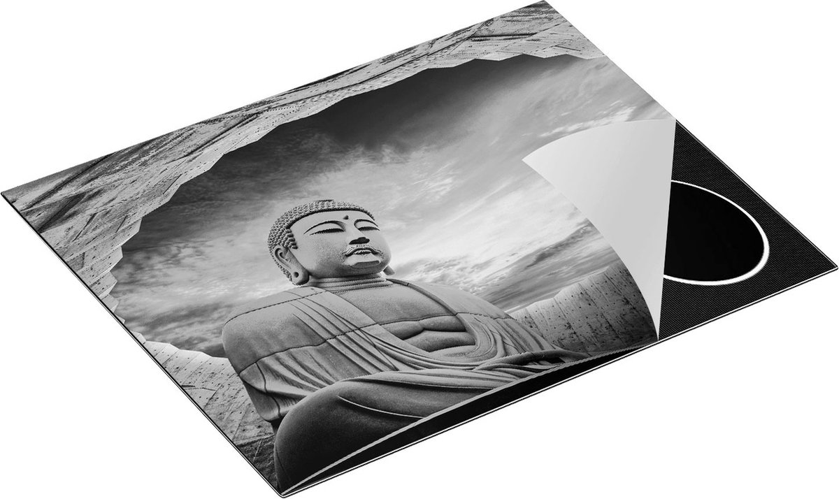 Chefcare Inductie Beschermer Boeddha Beeld in het Park - Zwart Wit - 65x55 cm - Afdekplaat Inductie - Kookplaat Beschermer - Inductie Mat
