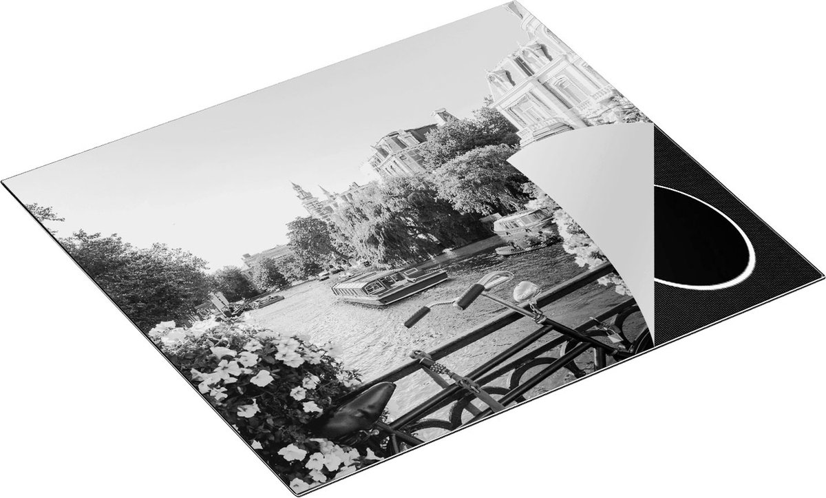 Chefcare Inductie Beschermer Amsterdamse Kanaal met Bloemen - Zwart Wit - 58,3x51,3 cm - Afdekplaat Inductie - Kookplaat Beschermer - Inductie Mat
