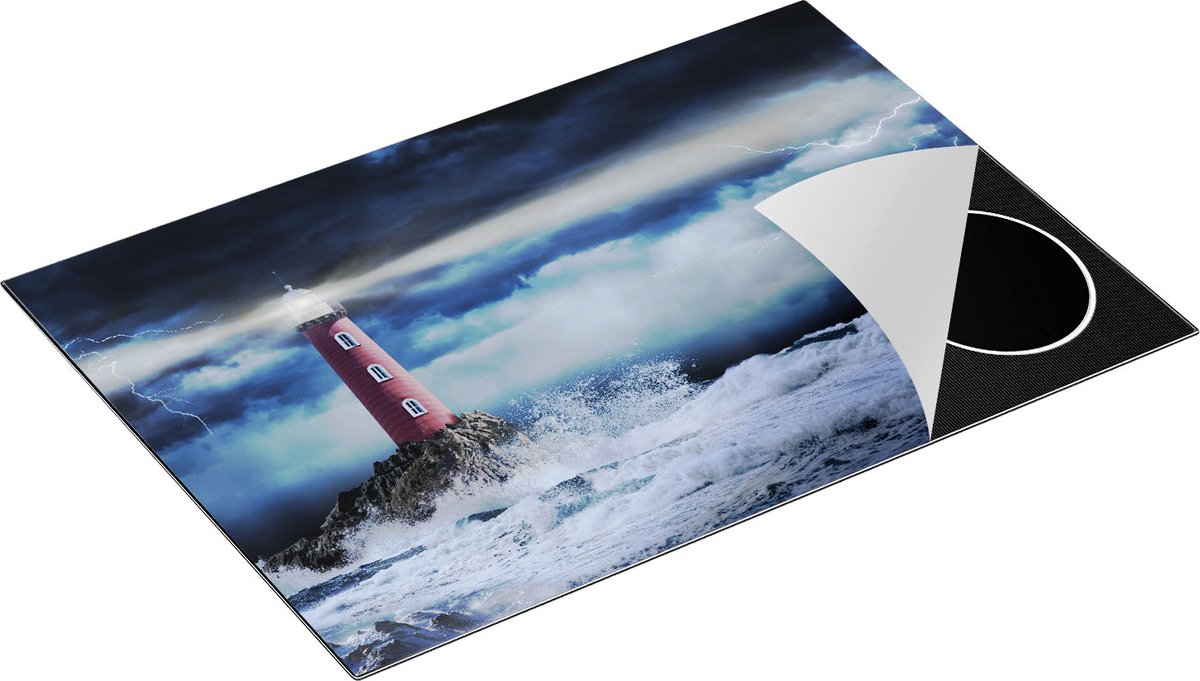 Chefcare Inductie Beschermer Vuurtoren op een Storm Zee met Golfen Water - 77x51 cm - Afdekplaat Inductie - Kookplaat Beschermer - Inductie Mat